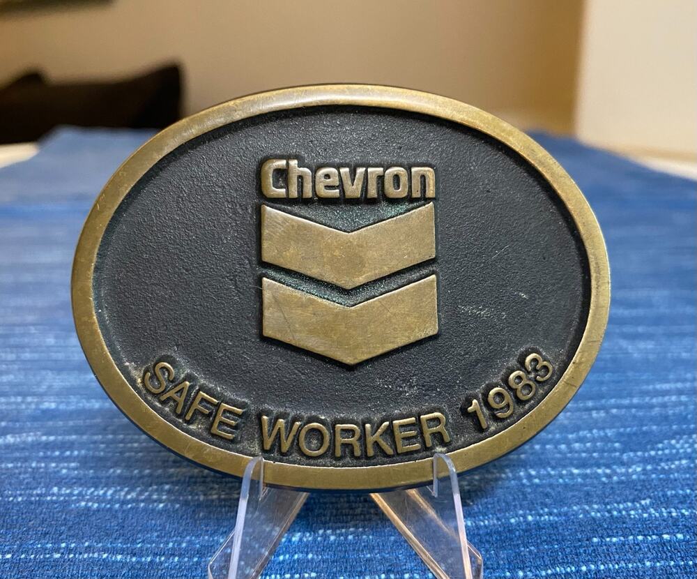 Vintage Chevron Solid Bronze Sandcast Belt Buckle Safe Worker 1983 Gas Oilfield